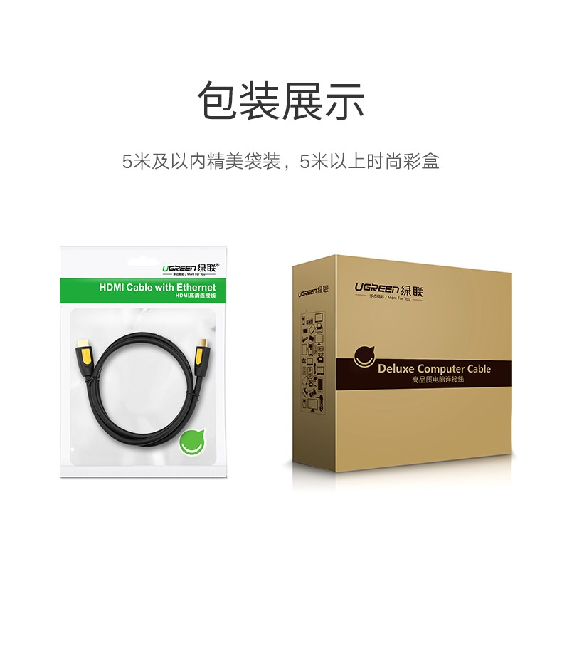 绿联 HDMI线2.0版   笔记本电脑电视机顶盒接显示器显示屏投影仪连接线 11185黄黑头 扁线 2米
