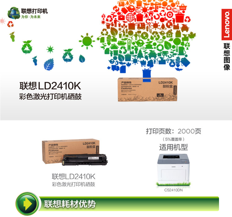 联想（Lenovo）CS2410DN打印机 原装硒粉盒 LD2410K/C/M/Y原装硒鼓 LD2410Y 黄色硒鼓（约1500页）