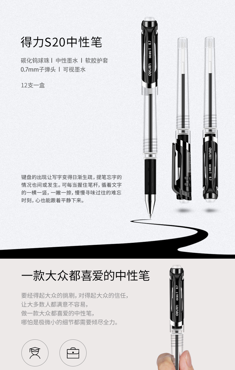 得力（deli） 中性笔签字笔办公文具子弹头中性笔 0.7mm黑色签字笔 12支/盒S20  12支装