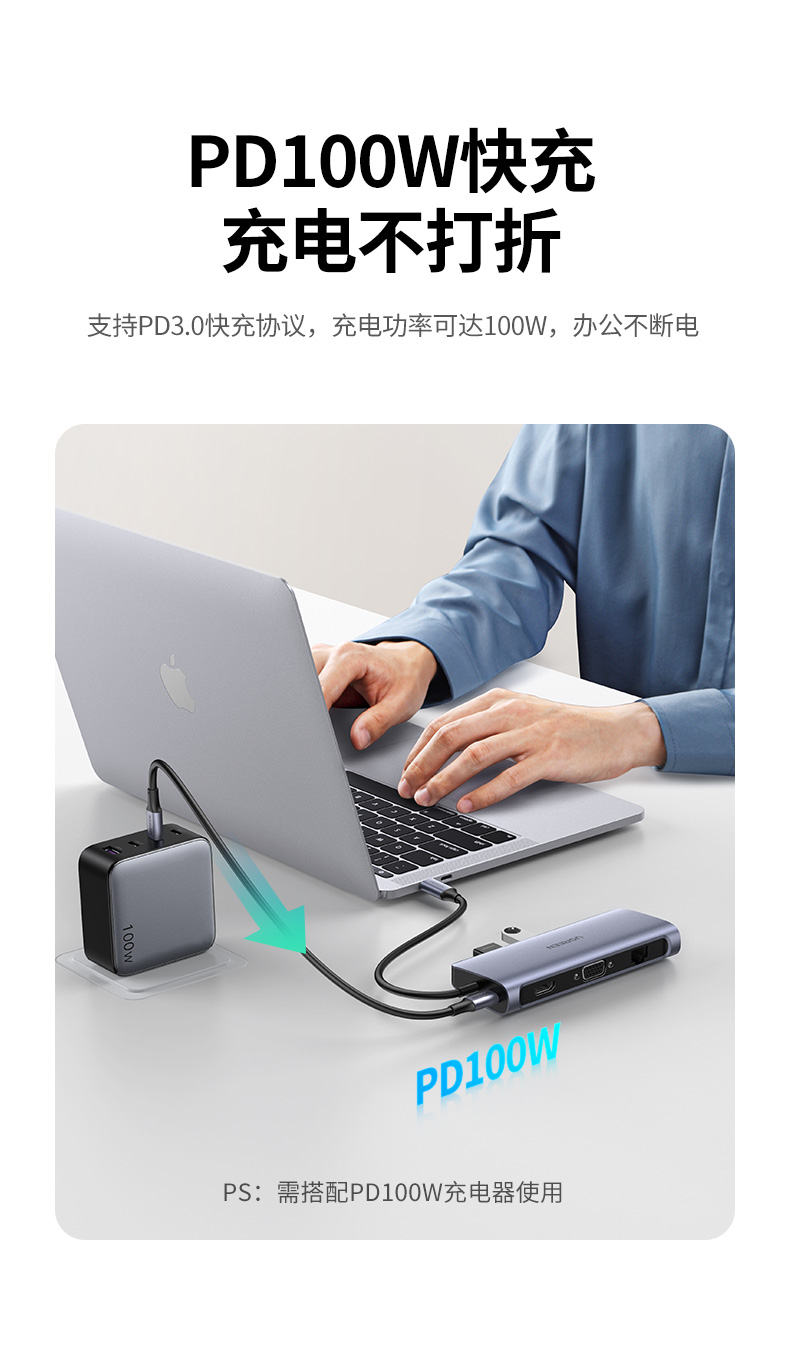 绿联Type-C扩展坞USB-C转HDMI/VGA转换器雷电3分线器适用华为苹果MacBook 7合1 网卡款（60557） 标配