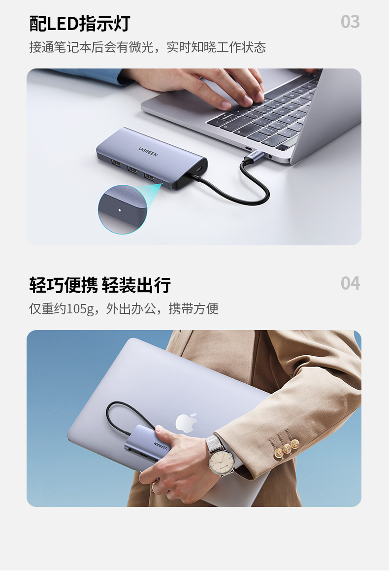 绿联Type-C扩展坞USB-C转HDMI/VGA转换器雷电3分线器适用华为苹果MacBook 7合1 网卡款（60557） 标配