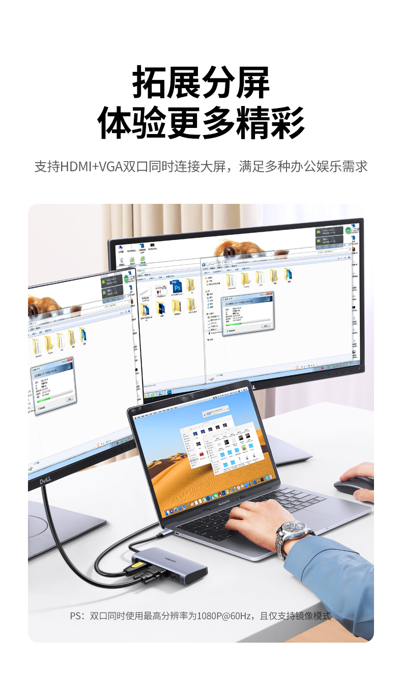 绿联Type-C扩展坞USB-C转HDMI/VGA转换器雷电3分线器适用华为苹果MacBook 7合1 网卡款（60557） 标配