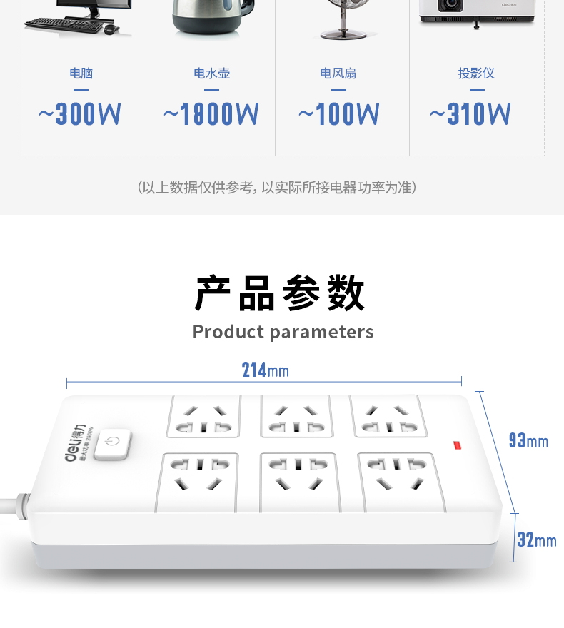 得力（deli） 新国标插座 总控开关插排/插线板 6组合插孔全长10米 （白）18168-10