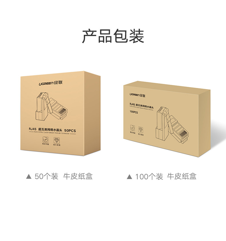绿联（UGREEN）超五类RJ45网络水晶头 8P8C电脑网线Cat5e类连接头 工程级镀金非屏蔽连接器 10个/袋 20329