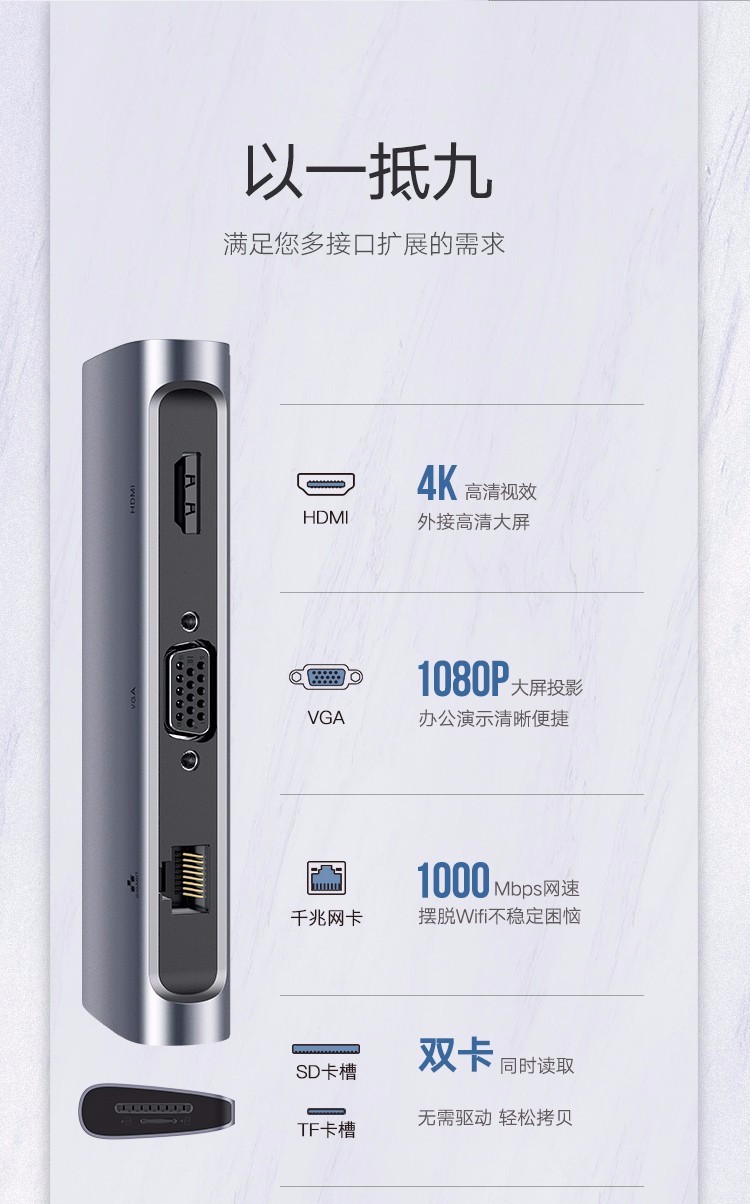 绿联Type-C扩展坞 适用M1苹果华为MacBookPro 9合1 USB-C转HDMI线雷电3转换器VGA拓展坞4K转接头分线器 40873