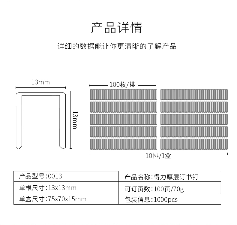 得力(deli）23/13厚层订书钉/订书针 (1000枚/盒）10盒装 0013