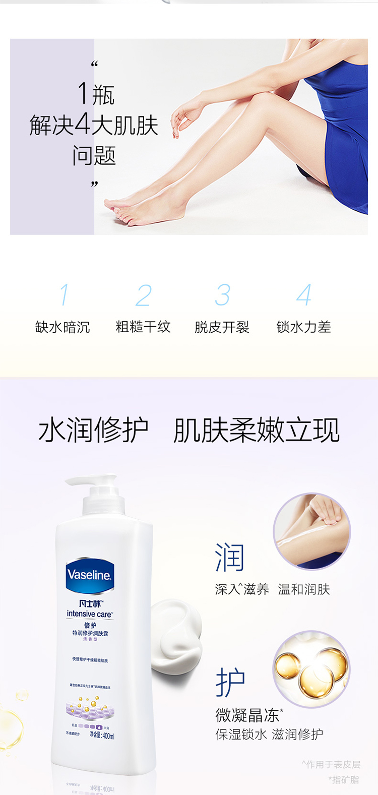 凡士林(Vaseline)身体乳/润肤露 倍护特润 修护清香400ml 微凝晶冻 修护屏障