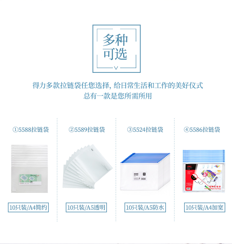 得力(deli)拉边袋A4透明防水拉边袋拉链袋文件袋资料袋 办公学习用品 12只装 5526