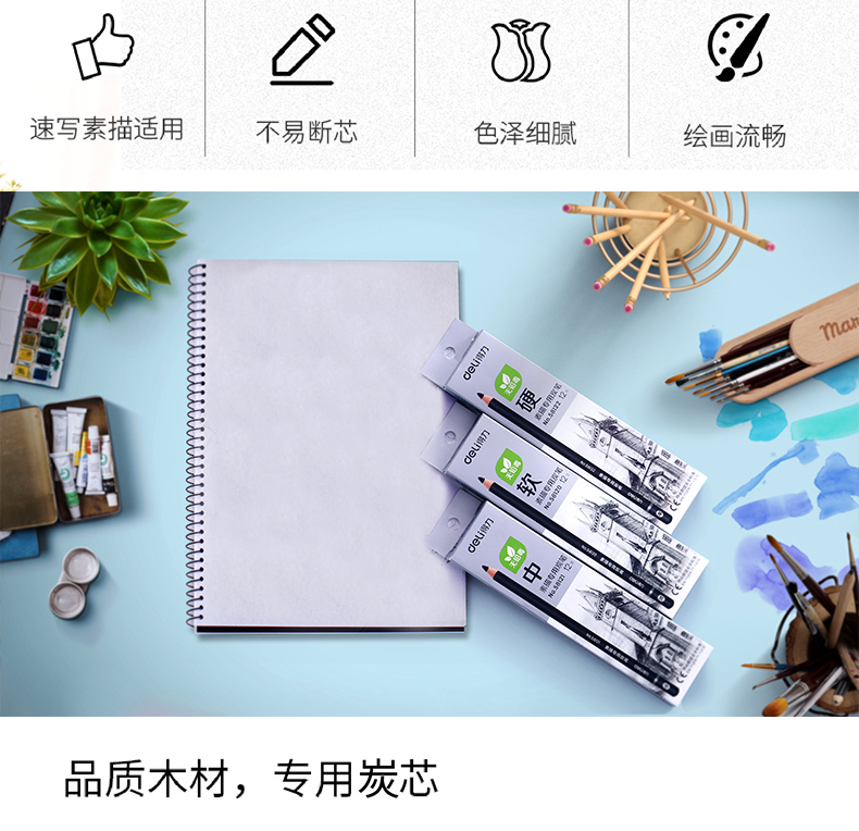 得力（deli）铅笔 美术素描炭笔 石墨铅笔 中款 12支/盒学生文具铅笔 58121 1盒装