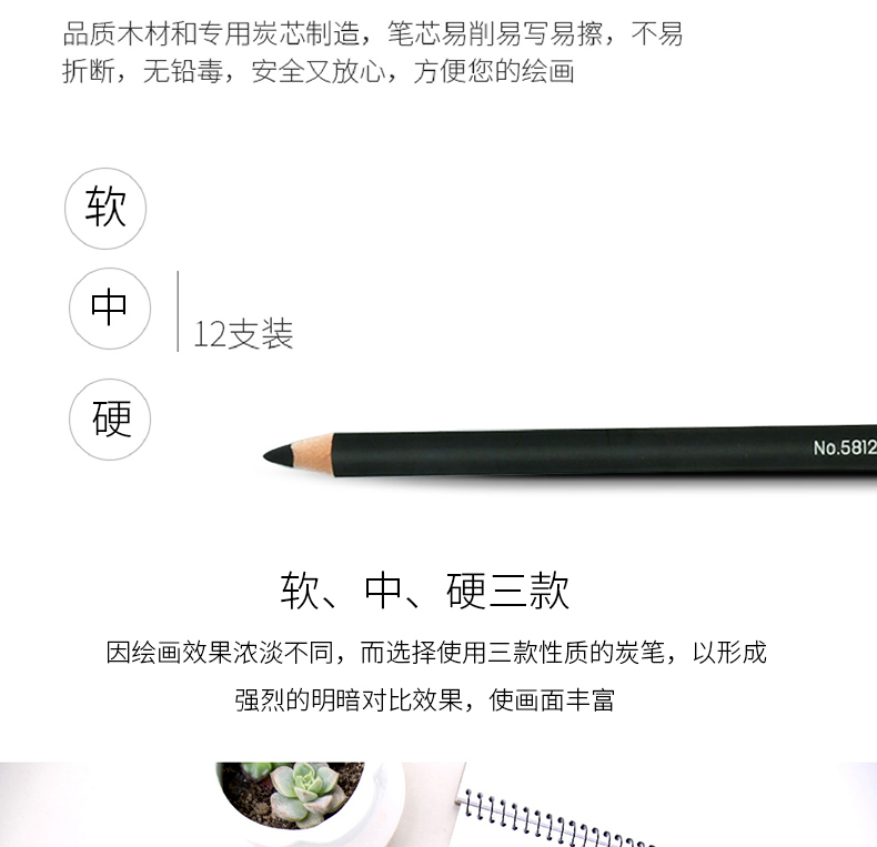 得力（deli）铅笔 美术素描炭笔 石墨铅笔 中款 12支/盒学生文具铅笔 58121 1盒装