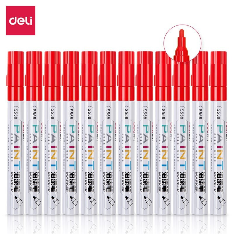 得力(deli) 油漆笔 记号笔轮胎笔签到笔相册涂鸦笔(红)12支装 S558