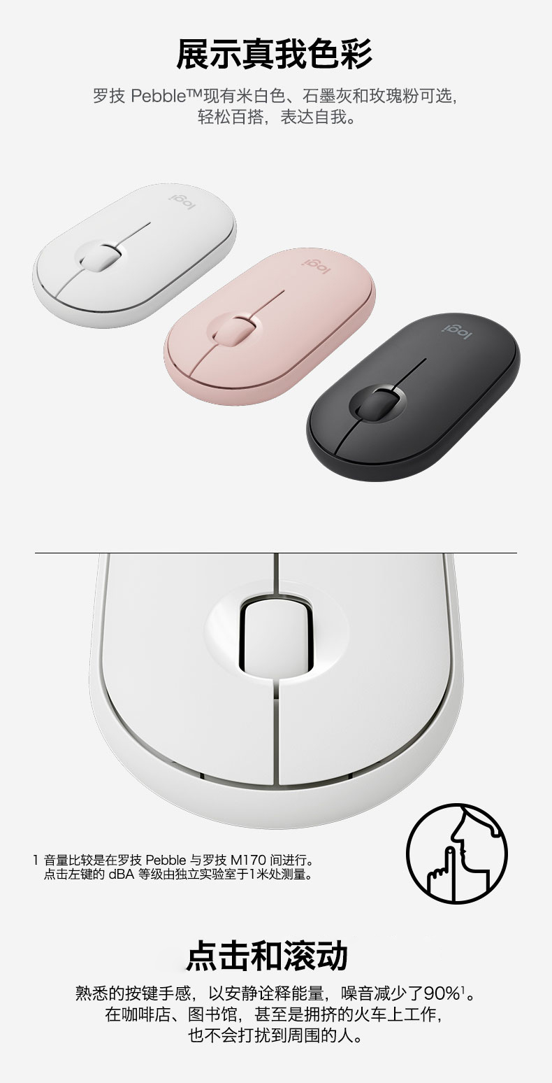罗技（Logitech）Pebble鹅卵石 鼠标 无线蓝牙鼠标 办公鼠标 轻音鼠标 便携鼠标 对称鼠标 石墨黑