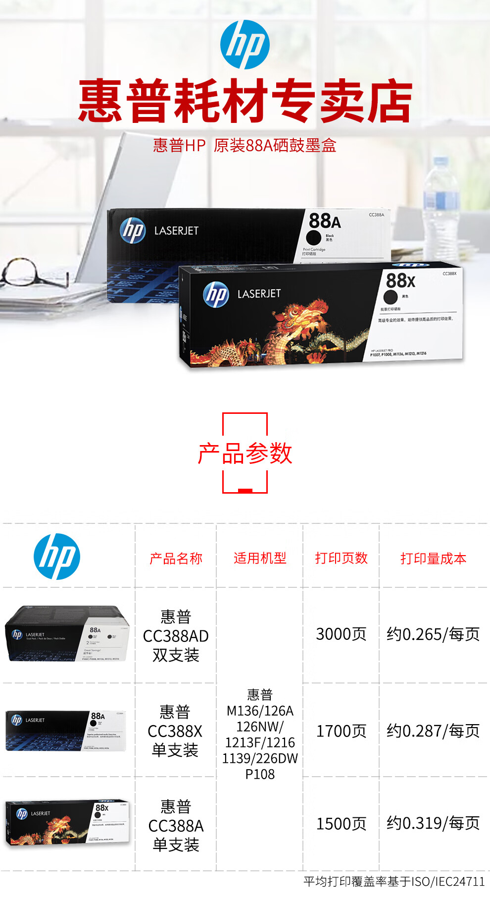 惠普（hp）CC388X 大容量黑色硒鼓 388A 88A 388AD升级版（适用HP M1136;P1108;P1106等）