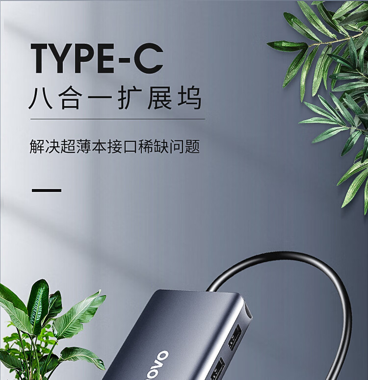 联想（Lenovo）USB-C转HDMI / VGA转接头千兆网口网线转换器HUB LX0801 1个