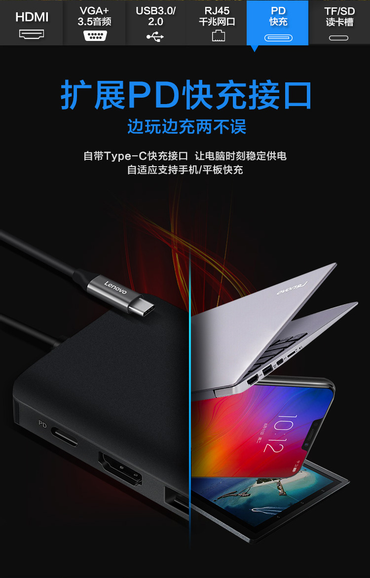 联想（Lenovo）USB-C转HDMI / VGA转接头千兆网口网线转换器HUB LX0801 1个