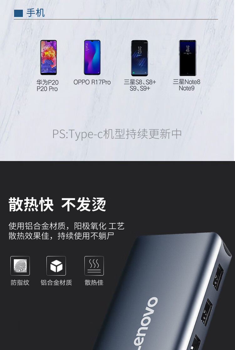 联想（Lenovo）USB-C转HDMI / VGA转接头千兆网口网线转换器HUB LX0801 1个