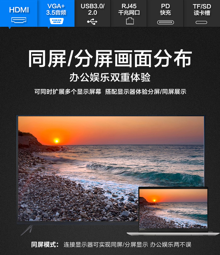 联想（Lenovo）USB-C转HDMI / VGA转接头千兆网口网线转换器HUB LX0801 1个