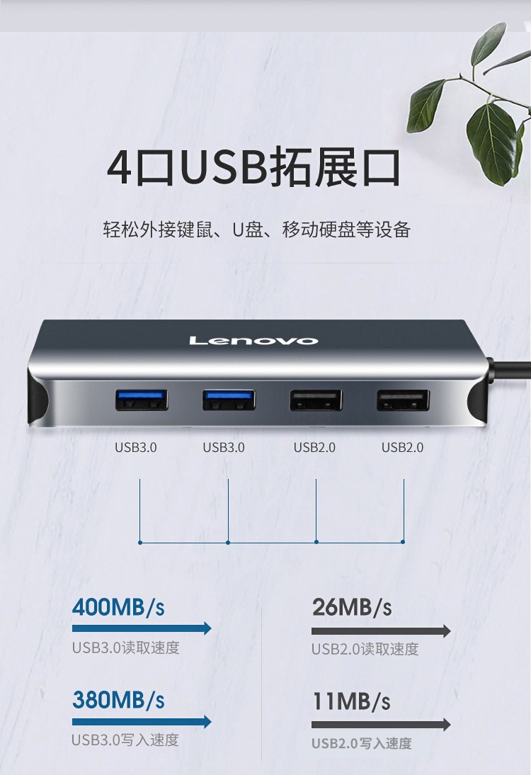 联想（Lenovo）USB-C转HDMI / VGA转接头千兆网口网线转换器HUB LX0801 1个