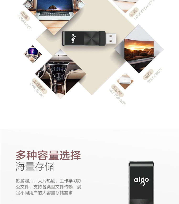 爱国者（aigo）U266 USB2.0 64G U盘 旋转防护 黑色 CD纹防滑设计 64GB