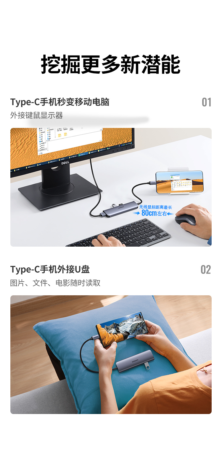 绿联Type-C扩展坞通用苹果M1电脑转换器MacBook华为笔记本USB-C转接头HDMI线4K投屏iPadPro雷电3分线器50209