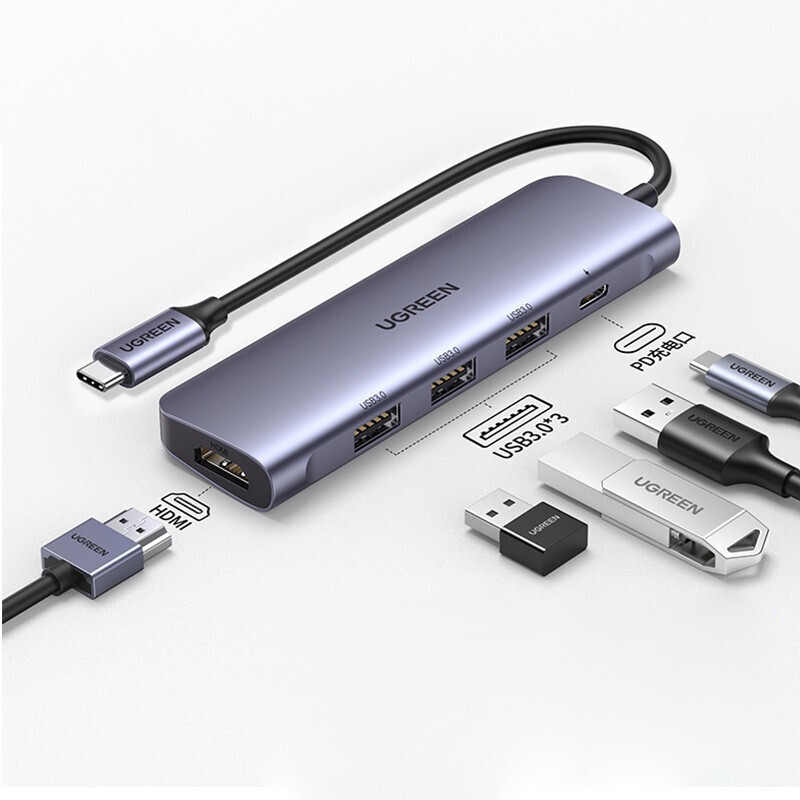 绿联Type-C扩展坞通用苹果M1电脑转换器MacBook华为笔记本USB-C转接头HDMI线4K投屏iPadPro雷电3分线器50209