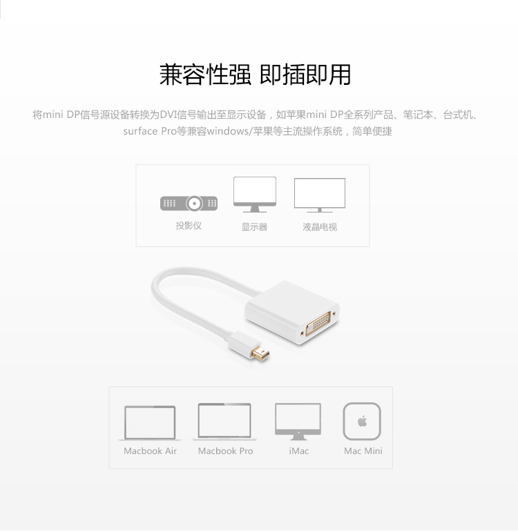 绿联（UGREEN）Mini DP转DVI转换器 迷你dp雷电转接头 支持苹果微软Surface笔记本电脑接显示器投影仪10402