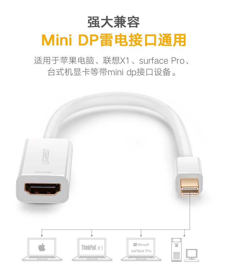 绿联（UGREEN）Mini DP转HDMI高清雷电转换器线适用Surface苹果Mac电脑接显示器投影仪 4K 小巧款 黑色10461