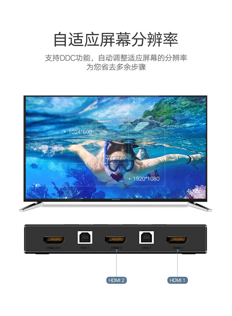 绿联（UGREEN) KVM切换器 HDMI切屏器2进1出4K高清 USB打印机共享器 两台电脑共享台显示器自动切换 50744