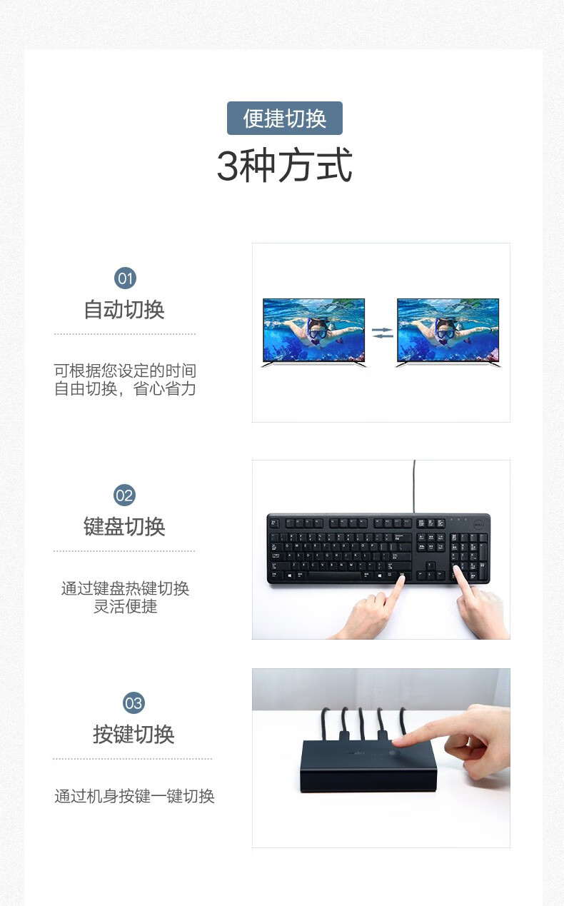 绿联（UGREEN) KVM切换器 HDMI切屏器2进1出4K高清 USB打印机共享器 两台电脑共享台显示器自动切换 50744