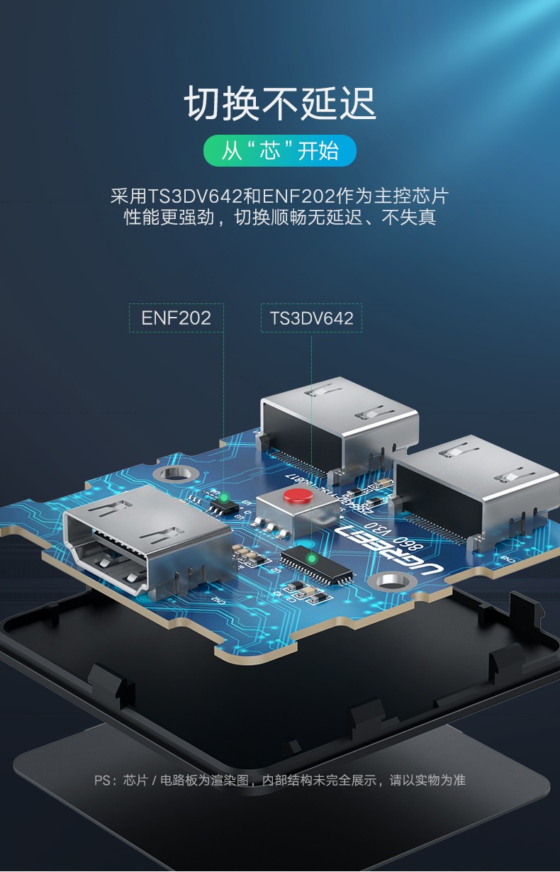 绿联（UGREEN)HDMI切换器二进一出 4K高清视频分配器 笔记本电脑智能盒子接电视投影仪 50966