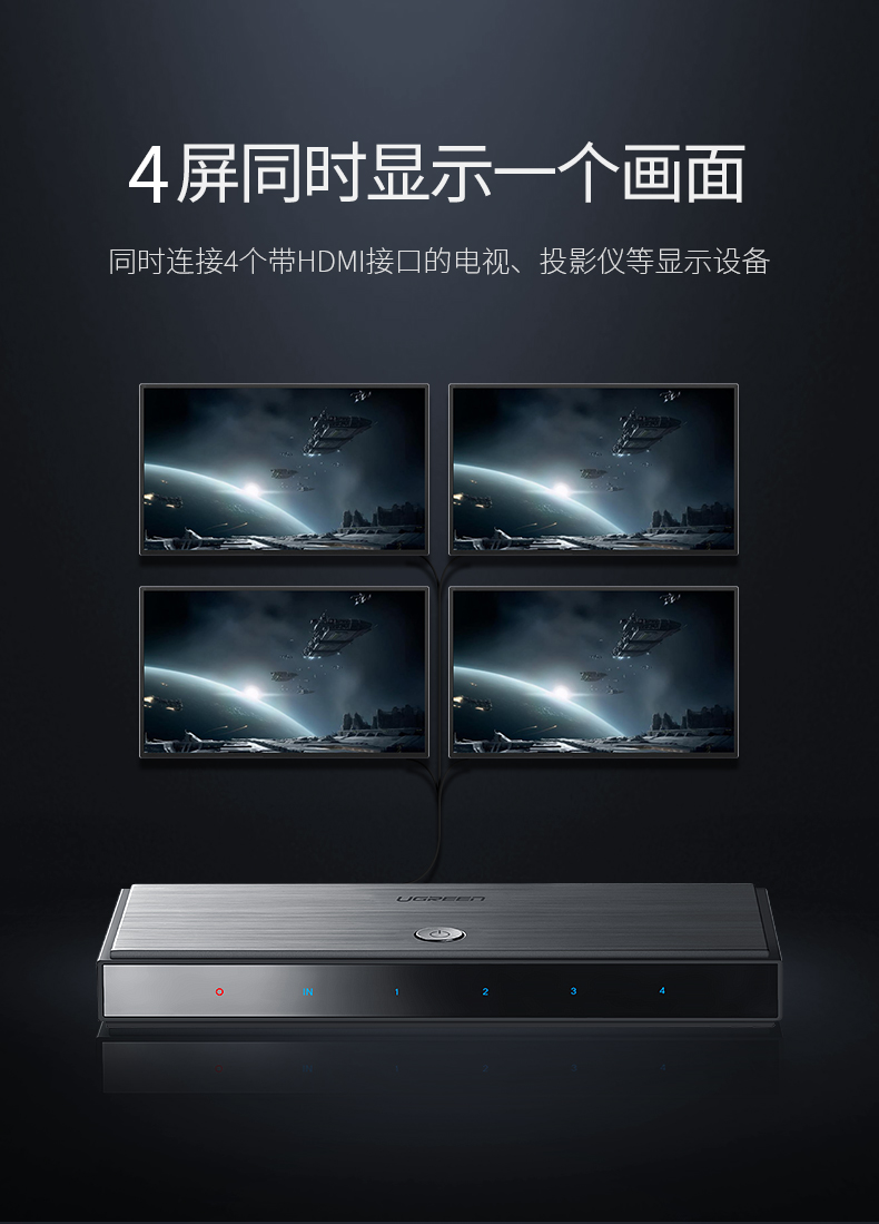 绿联（UGREEN)HDMI2.0分配器1进4出4K高清视频分屏器 笔记本电脑机顶盒接电视投影仪 50708