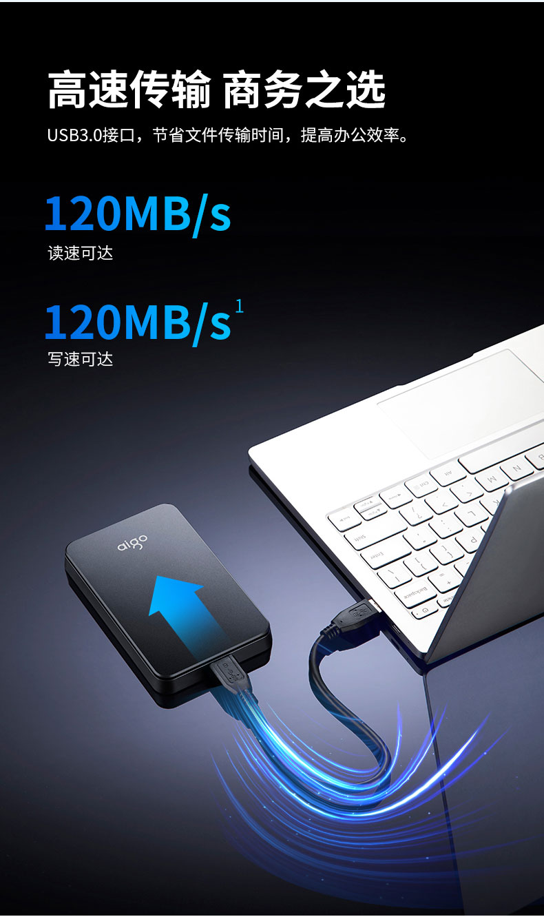 爱国者 (aigo) 1TB USB3.0 移动硬盘 HD809 黑色 稳定高速传输 简约设计 睿智之美 商务便携