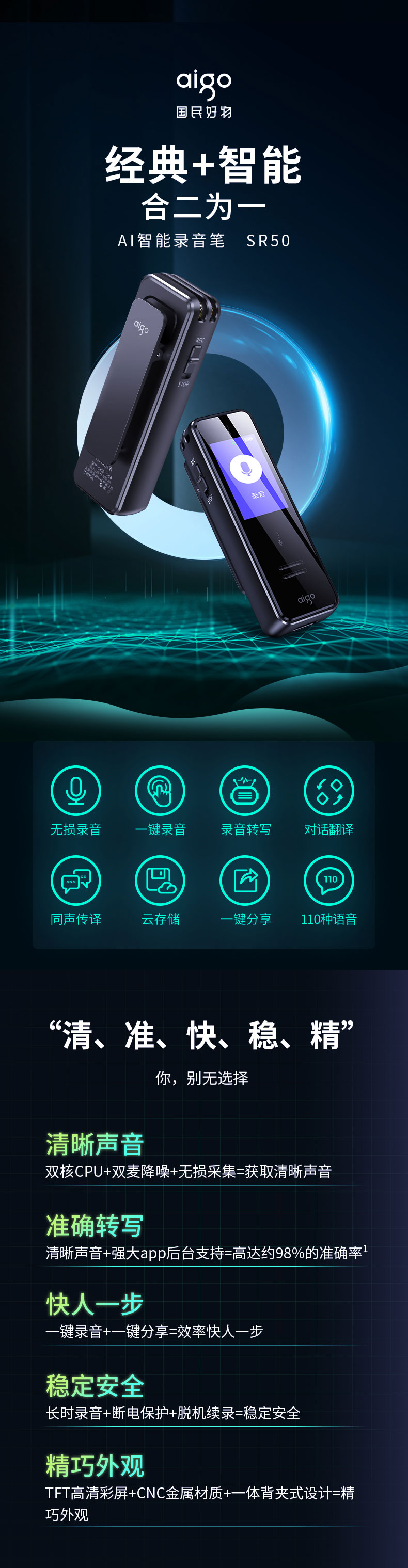 aigo爱国者 32G AI智能录音笔SR50  会议录音转文字 录音器 同声传译 便携 黑色