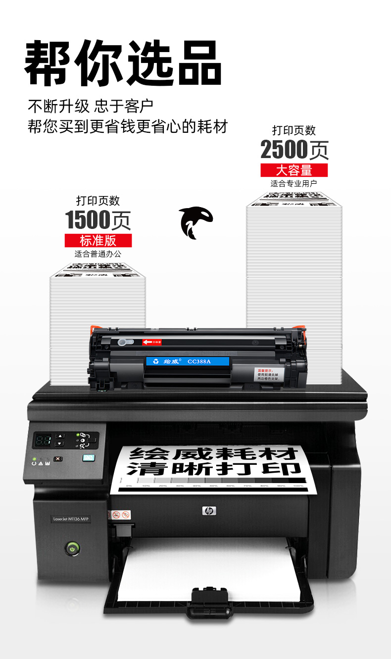 绘威CC388A 88A易加粉硒鼓+2支碳粉 适用惠普HP388a P1106 P1108 M126nw M1136 M1213nf 1216nfh M1218墨盒