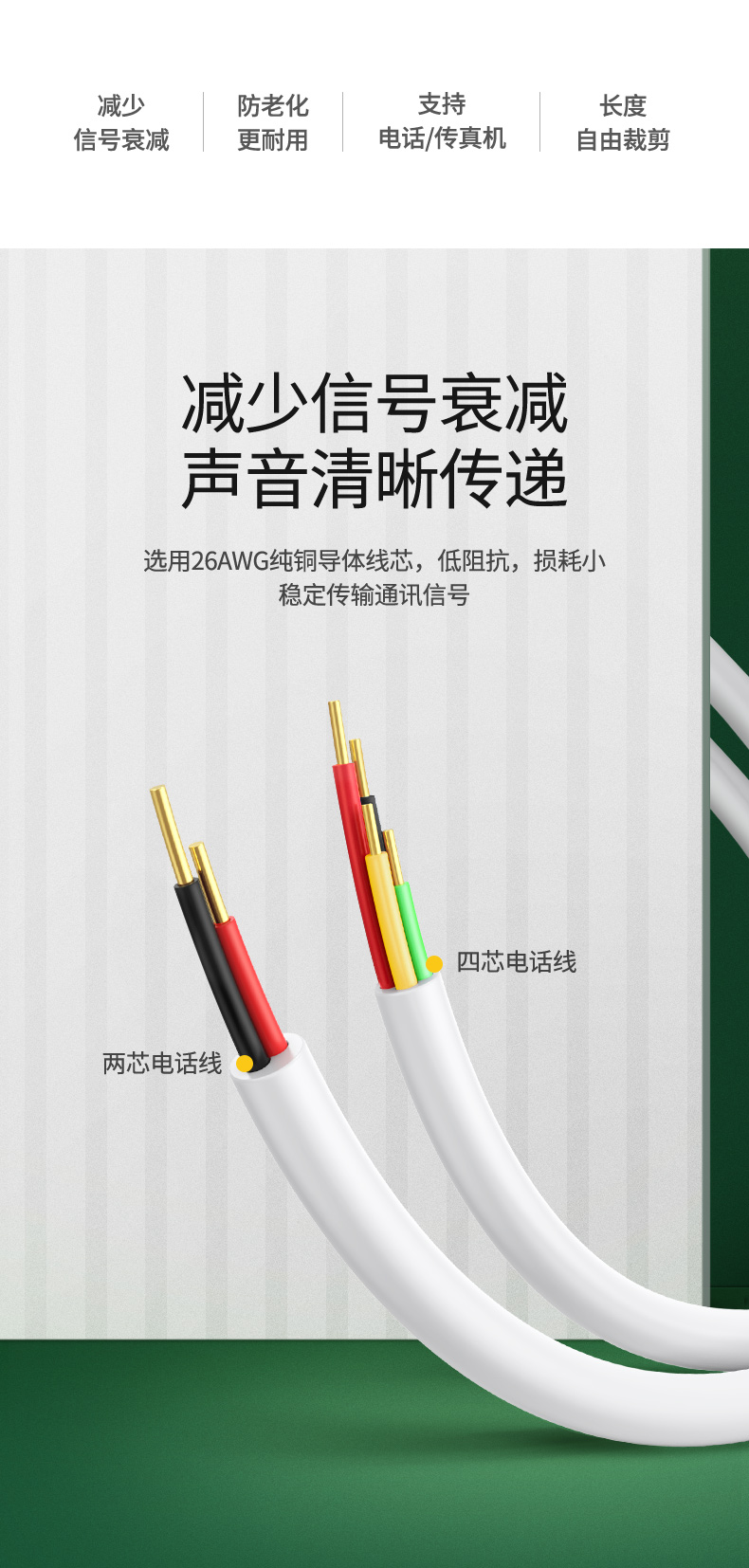绿联（UGREEN）4芯纯铜电话线 RJ11工程家装语音电话线 适用通信座机传真机电话听筒连接线 100米80104