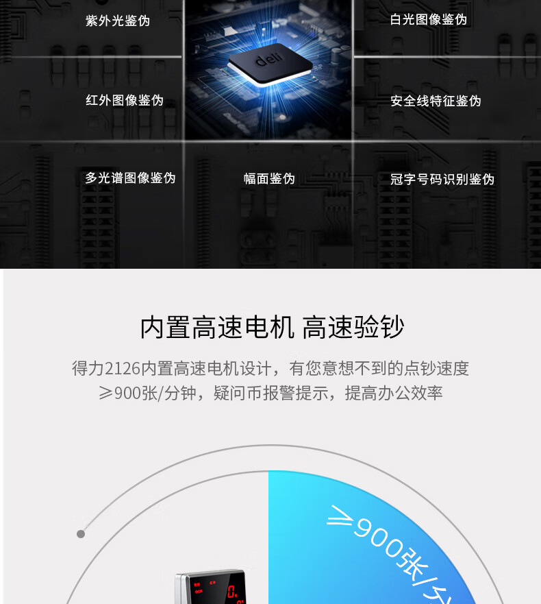 得力（deli）A类银行办公多功能智能点钞机 10重鉴伪人民币验钞点钞机（银灰）2126