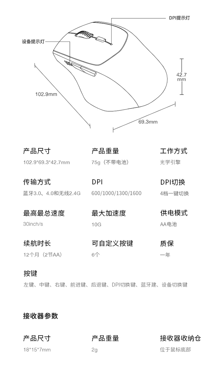 雷柏（Rapoo） MT550G 无线蓝牙鼠标 办公鼠标 便携鼠标 台式电脑鼠标 笔记本鼠标 黑色