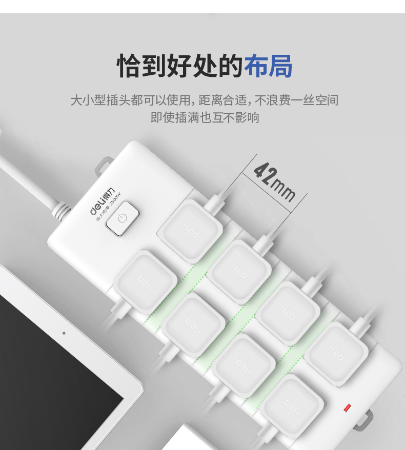得力（deli）插座插排办公用品家用插线板接线板新国标8位组合孔5米18170-05  1只装