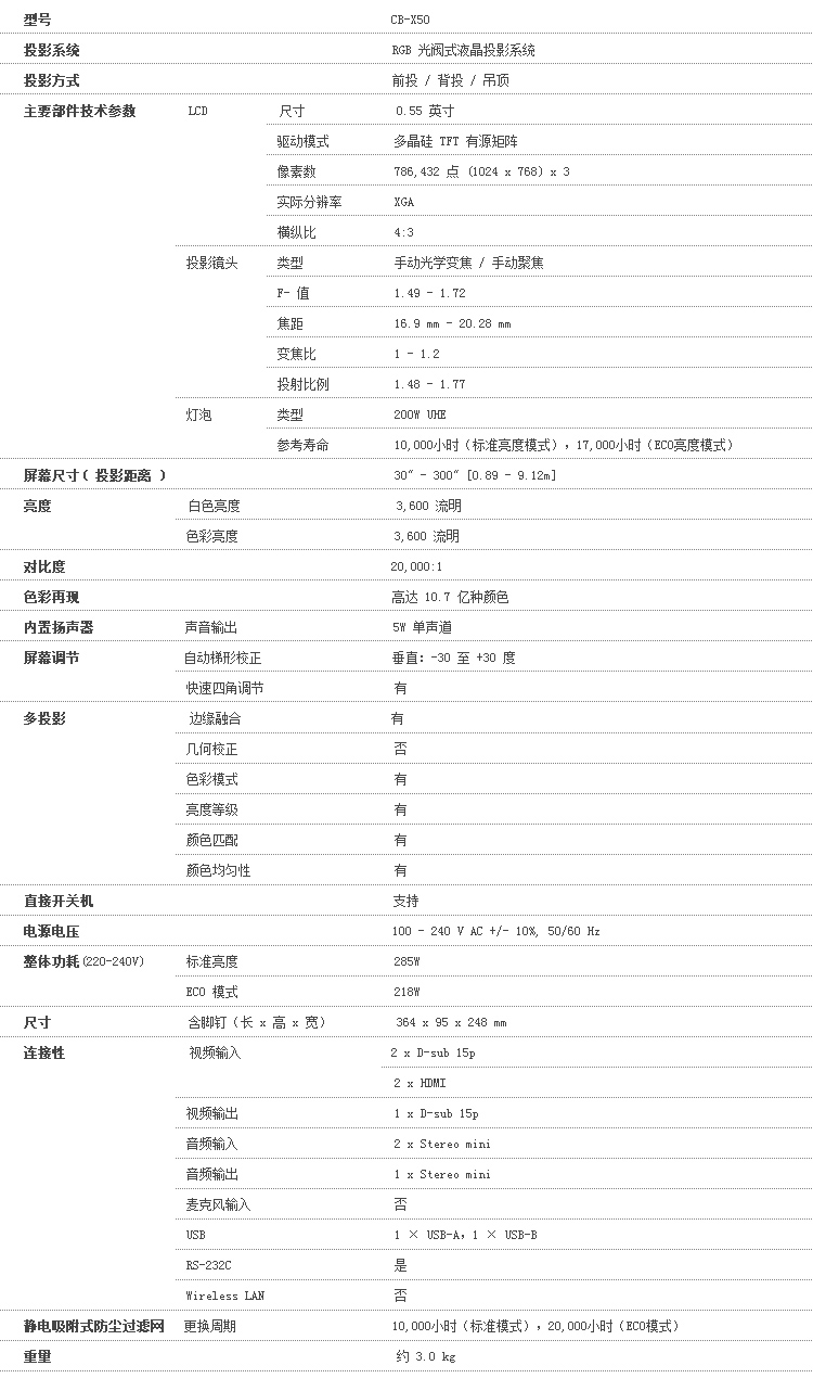 爱普生EPSON CB-X50投影仪 投影机 商用 家用 教育 (标清 3600流明 防尘低噪音 内置边缘融合)