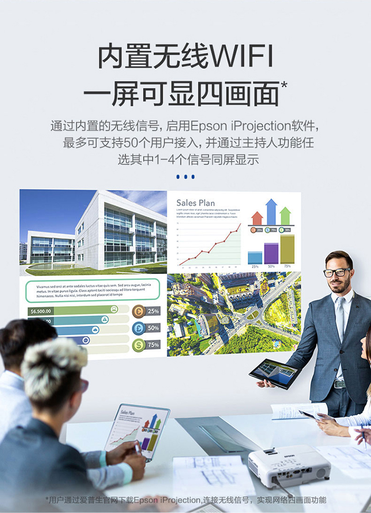 爱普生（EPSON）CB-FH52 投影仪（1080P全高清 4000流明 手机同屏 1.6倍变焦）