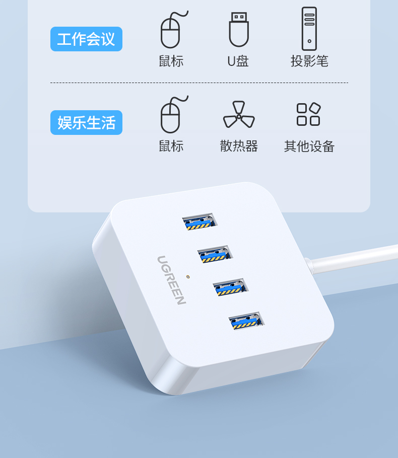 绿联USB3.0分线器 高速4口拓展坞 USB集线器HUB扩展坞 笔记本电脑一拖四多接口转换器转接头延长线1.5米30221