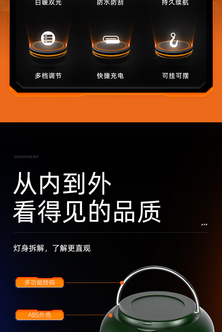 神火（supfire）营地灯露营LED可充电多功能便携挂灯钓鱼灯应急灯T31