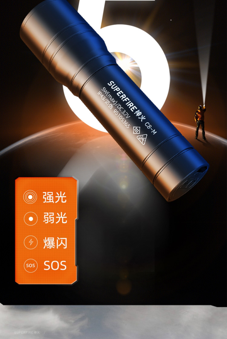 神火（supfire）强光手电筒充电式迷你便携户外骑行应急灯C8-M