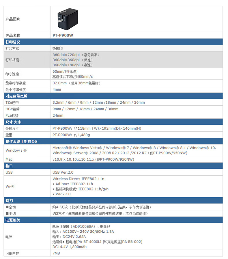 兄弟（brother）PT-P900W 标签机网络布线机固定资产标签打印机 USB数据线+无线打印