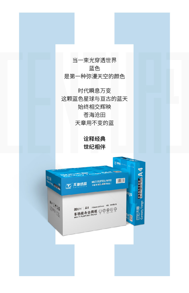 天章（TANGO）世纪天章80g A4复印纸 高品质款打印纸 500张/包 5包/箱（2500张）