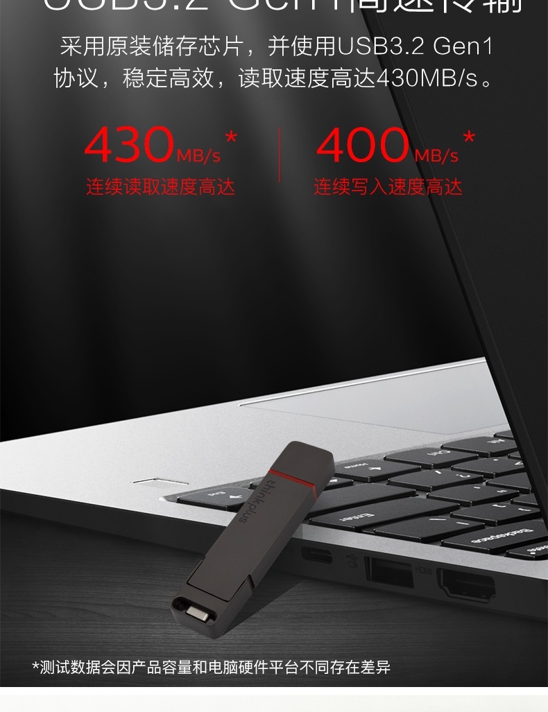 联想（ThinkPlus）TU200PRO移动固态U盘USB3.2+Type-C双接口手机电脑两用 128G 黑灰色