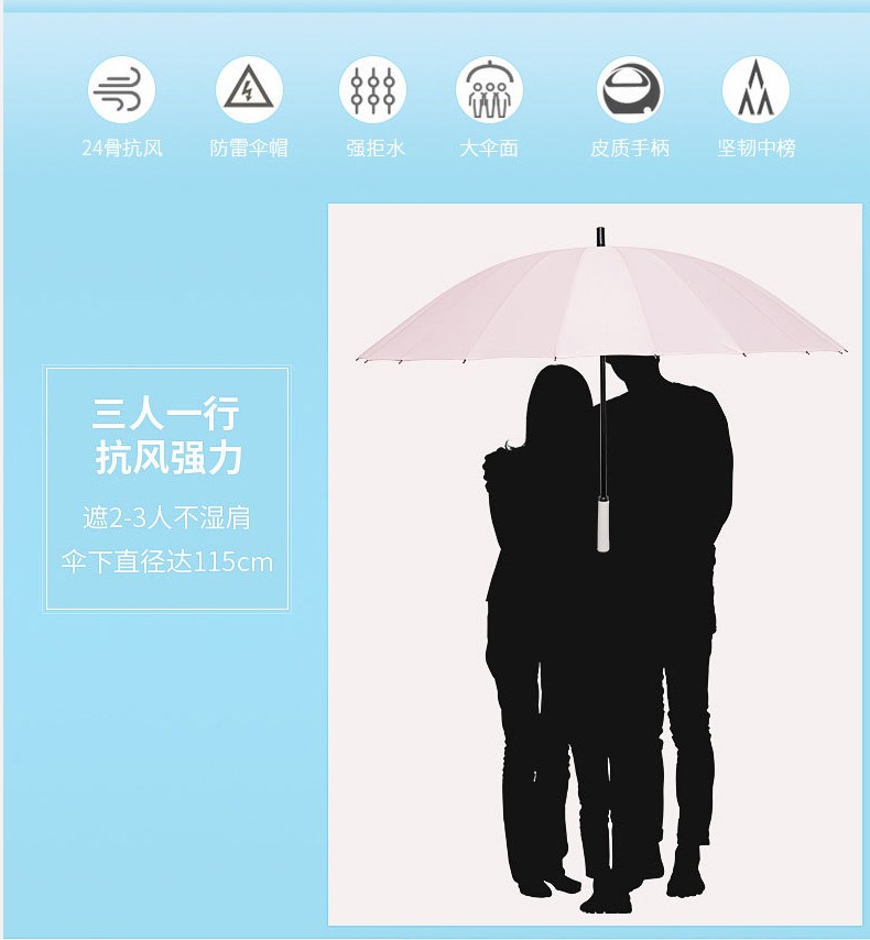 三极户外(Tri-polar)TP701724骨雨伞长柄雨伞广告伞双人伞直杆伞粉色伞下直径115cm