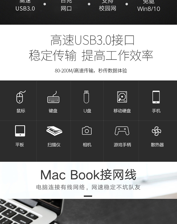 联想（Lenovo）USB-A集线器 RJ45网线网卡转换器笔记本电脑扩展坞 转百兆有线网口分线器A625 黑色 1个