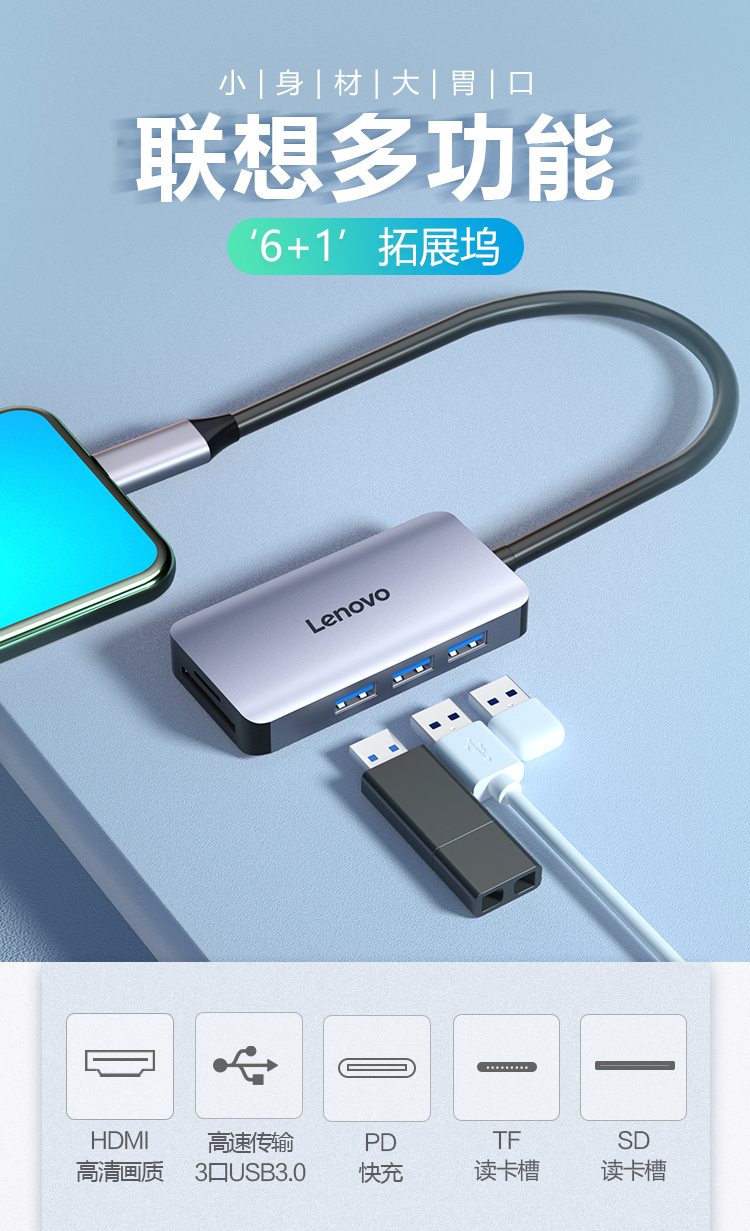 联想（Lenovo）USB-C扩展坞转换器 HUB分线器 带PD快充 LX0806G（USB+HDMI+PD+读卡器) 1个
