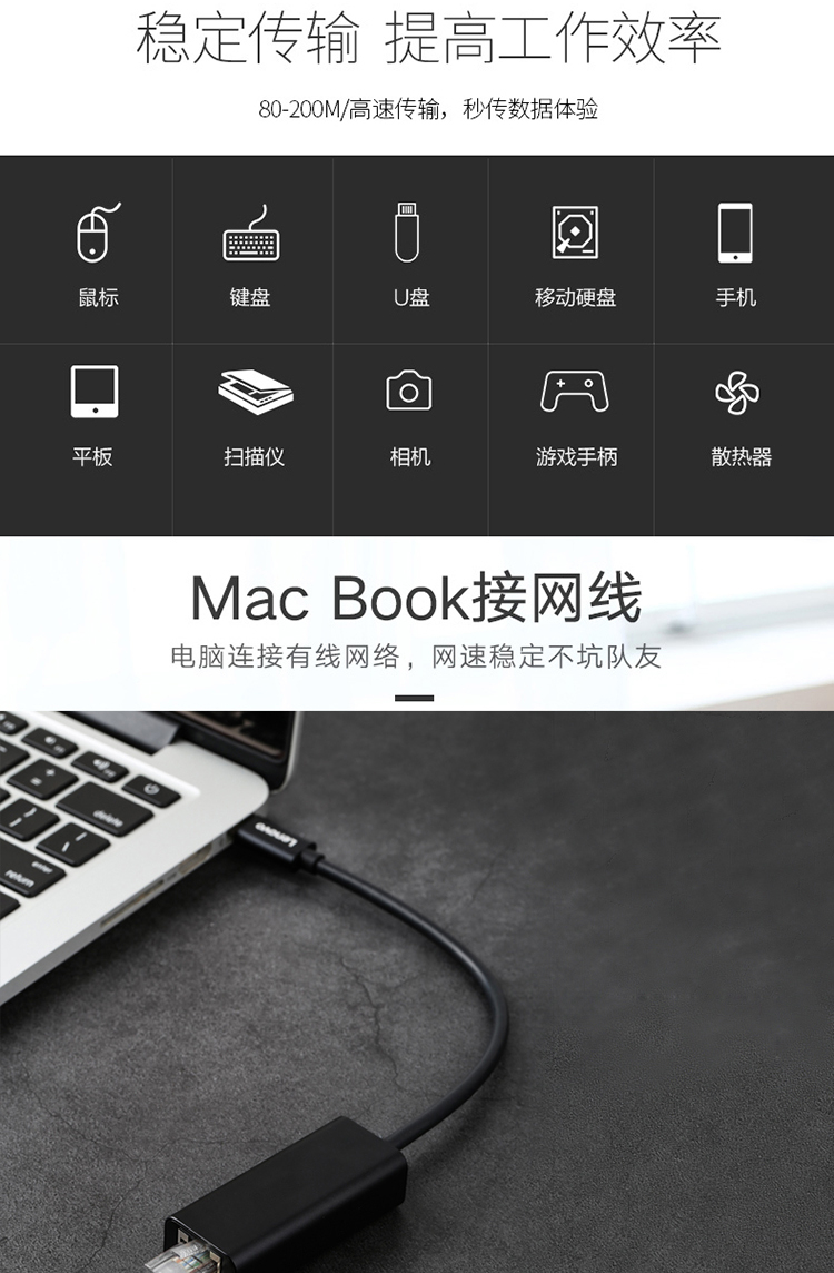 联想（Lenovo）Type-C转千兆网口 USB分线器转接器扩展坞 C615 银色 1个